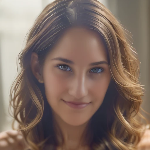 Realistic Photography, Portrait Beautiful Female, close-up, editorial photograph of a  20 year old woman), (highly detailed face:1.4) (smile:0.7)  POV, by lee jeffries, nikon d850, film stock photograph ,4 kodak portra 400 ,camera f1.6 lens ,rich colors ,hyper realistic ,lifelike texture, dramatic lighting , cinestill 800, RAW photo, (((Portrait of amazing beauty))), ((Shining white skin)), (((Shiny natural bright brunet hair)), [perfect eyes], wavy hair is its natural volume,  defined curls  hair, eyeliner, hair between the eyes, waving hair, laughter, ((masterpiece, top quality, super detailed, film light, high resolution, very detailed)), detailed background, 8k UHD digital, SLR camera, soft light, high quality, shallow depth of field, natural soft light, (perfect hands), perfect beautiful face. Huge breast.The final image must be sharp, with no blurriness or compression artifacts, reflecting true-to-life proportions and high fidelity in a 3:4 aspect ratio. Aim for a resolution that allows even the smallest details to be crisp and vivid.

