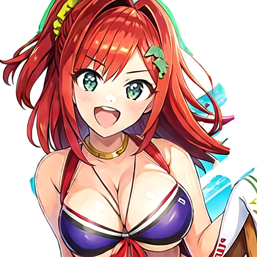 (masterpiece),(Highest quality:1.0), (Ultra-high resolution:1.0), Detailed illustrations, 8K, Pretty face, White Background、Big Breasts、Swimwear, Swimwear姿、黃色のSwimwear、bikini、whole body、Animal ears, earrings, Horse tail、Are standing, smile, Open your mouth