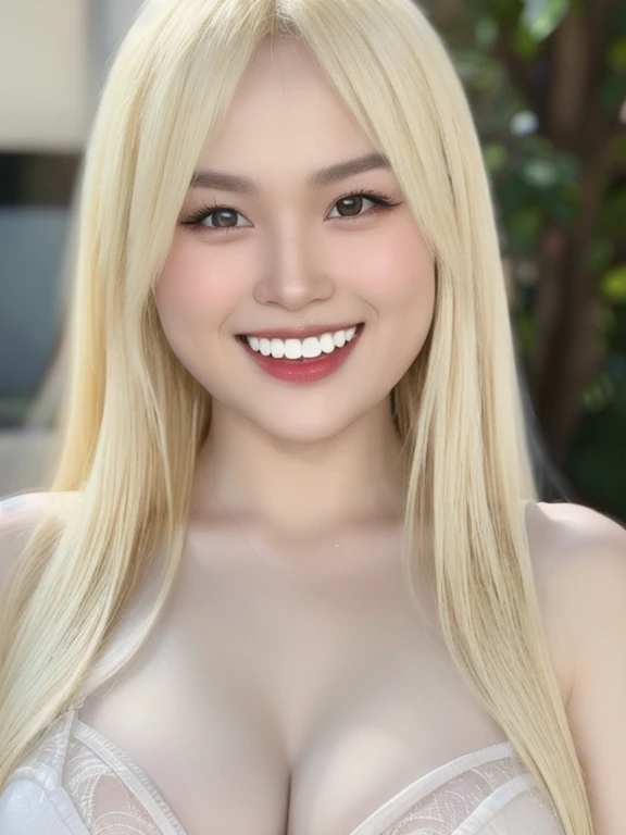 (realistic、masterpiece、Best Quality、8K、highres、high resolution:1.3)、1 girl、 Huge breasts、smile, white bikini、pale white skin、looking at viewers、super fine face and eyes、long blonde hair、indoor、 upper body、