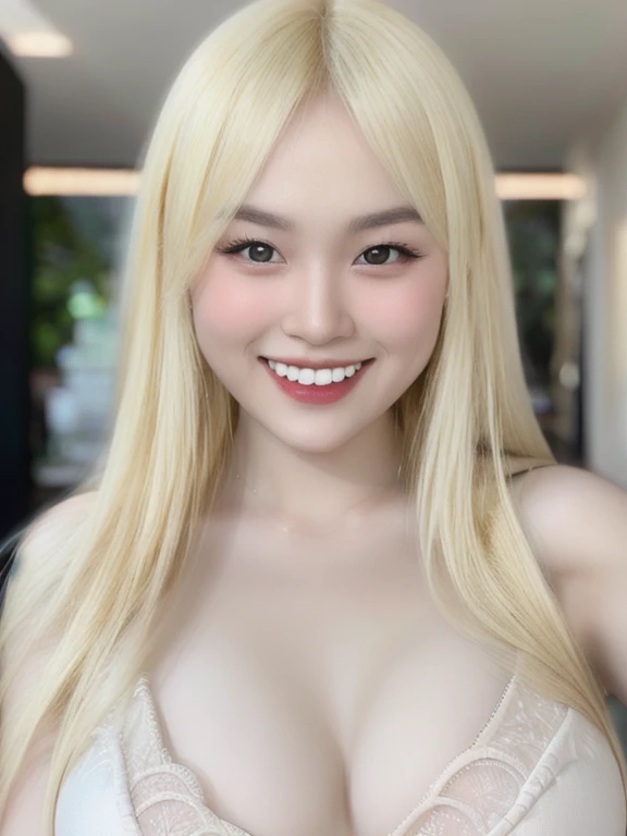 (realistic、masterpiece、Best Quality、8K、highres、high resolution:1.3)、1 girl、 Huge breasts、smile, white bikini、pale white skin、looking at viewers、super fine face and eyes、long blonde hair、indoor、 upper body、