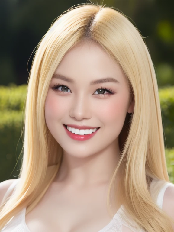 (realistic、masterpiece、Best Quality、8K、highres、high resolution:1.3)、1 girl、 Huge breasts、smile, white bikini、pale white skin、looking at viewers、super fine face and eyes、long blonde hair、indoor、 upper body、