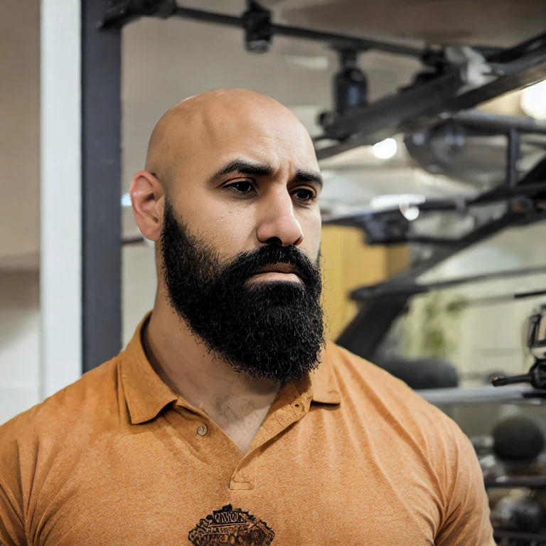 (masterpiece, best quality:1.2), A low angle portrait shot of a handsome, bald, muscular Hispanic man with a sharp jawline and full beard, showcasing his olive skin tone in an elegant, dimly lit room. The dramatic lighting emphasizes his defined features and the contours of his muscles, creating a seductive and mysterious atmosphere, shot with a Canon EOS-1D X Mark III, 50mm f/1.4 lens, color palette emphasizing warm tones and deep shadows