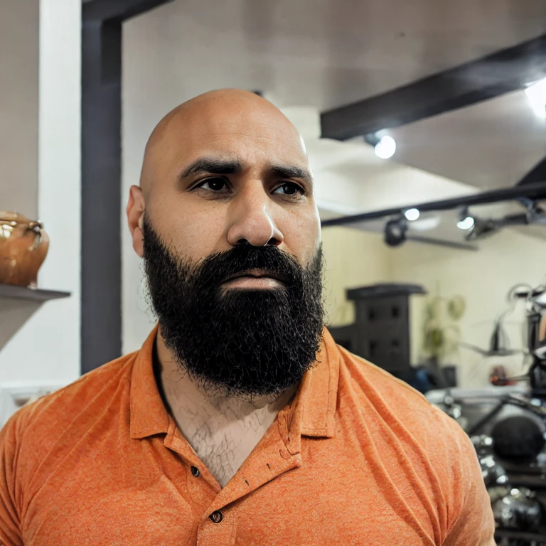 (masterpiece, best quality:1.2), A low angle portrait shot of a handsome, bald, muscular Hispanic man with a sharp jawline and full beard, showcasing his olive skin tone in an elegant, dimly lit room. The dramatic lighting emphasizes his defined features and the contours of his muscles, creating a seductive and mysterious atmosphere, shot with a Canon EOS-1D X Mark III, 50mm f/1.4 lens, color palette emphasizing warm tones and deep shadows