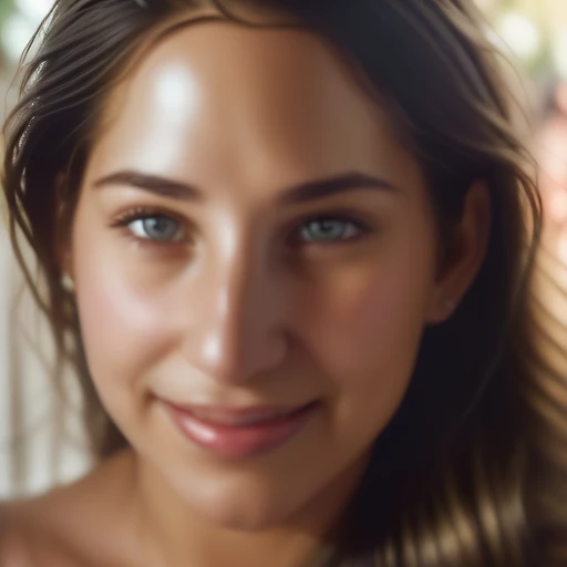 Portrait of a woman, Realistic Photography, Portrait Beautiful Female, close-up, editorial photograph of a  20 year old woman), (highly detailed face:1.4) (smile:0.7)  POV, by lee jeffries, nikon d850, film stock photograph ,4 kodak portra 400 ,camera f1.6 lens ,rich colors ,hyper realistic ,lifelike texture, dramatic lighting , cinestill 800, RAW photo, (((Portrait of amazing beauty))), ((Shining white skin)), (((Shiny natural bright brunet hair)), [perfect eyes], wavy hair is its natural volume,  defined curls  hair, eyeliner, hair between the eyes, waving hair, laughter, ((masterpiece, top quality, super detailed, film light, high resolution, very detailed)), detailed background, 8k UHD digital, SLR camera, soft light, high quality, shallow depth of field, natural soft light, (perfect hands), perfect beautiful face. Huge breast.The final image must be sharp, with no blurriness or compression artifacts, reflecting true-to-life proportions and high fidelity in a 3:4 aspect ratio. Aim for a resolution that allows even the smallest details to be crisp and vivid.
