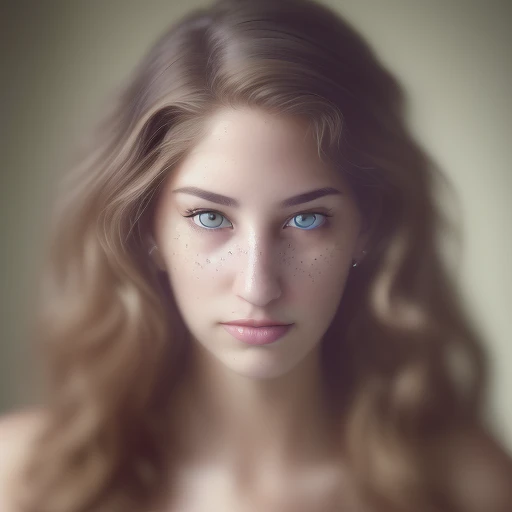 Portrait of a woman, Realistic Photography, Portrait Beautiful Female, close-up, editorial photograph of a  20 year old woman), (highly detailed face:1.4) (smile:0.7)  POV, by lee jeffries, nikon d850, film stock photograph ,4 kodak portra 400 ,camera f1.6 lens ,rich colors ,hyper realistic ,lifelike texture, dramatic lighting , cinestill 800, RAW photo, (((Portrait of amazing beauty))), ((Shining white skin)), (((Shiny natural bright brunet hair)), [perfect eyes], wavy hair is its natural volume,  defined curls  hair, eyeliner, hair between the eyes, waving hair, laughter, ((masterpiece, top quality, super detailed, film light, high resolution, very detailed)), detailed background, 8k UHD digital, SLR camera, soft light, high quality, shallow depth of field, natural soft light, (perfect hands), perfect beautiful face. Huge breast.The final image must be sharp, with no blurriness or compression artifacts, reflecting true-to-life proportions and high fidelity in a 3:4 aspect ratio. Aim for a resolution that allows even the smallest details to be crisp and vivid.
