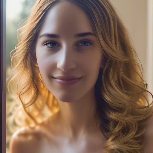 Portrait of a woman, Realistic Photography, Portrait Beautiful Female, close-up, editorial photograph of a  20 year old woman), (highly detailed face:1.4) (smile:0.7)  POV, by lee jeffries, nikon d850, film stock photograph ,4 kodak portra 400 ,camera f1.6 lens ,rich colors ,hyper realistic ,lifelike texture, dramatic lighting , cinestill 800, RAW photo, (((Portrait of amazing beauty))), ((Shining white skin)), (((Shiny natural bright brunet hair)), [perfect eyes], wavy hair is its natural volume,  defined curls  hair, eyeliner, hair between the eyes, waving hair, laughter, ((masterpiece, top quality, super detailed, film light, high resolution, very detailed)), detailed background, 8k UHD digital, SLR camera, soft light, high quality, shallow depth of field, natural soft light, (perfect hands), perfect beautiful face. Huge breast.The final image must be sharp, with no blurriness or compression artifacts, reflecting true-to-life proportions and high fidelity in a 3:4 aspect ratio. Aim for a resolution that allows even the smallest details to be crisp and vivid.
