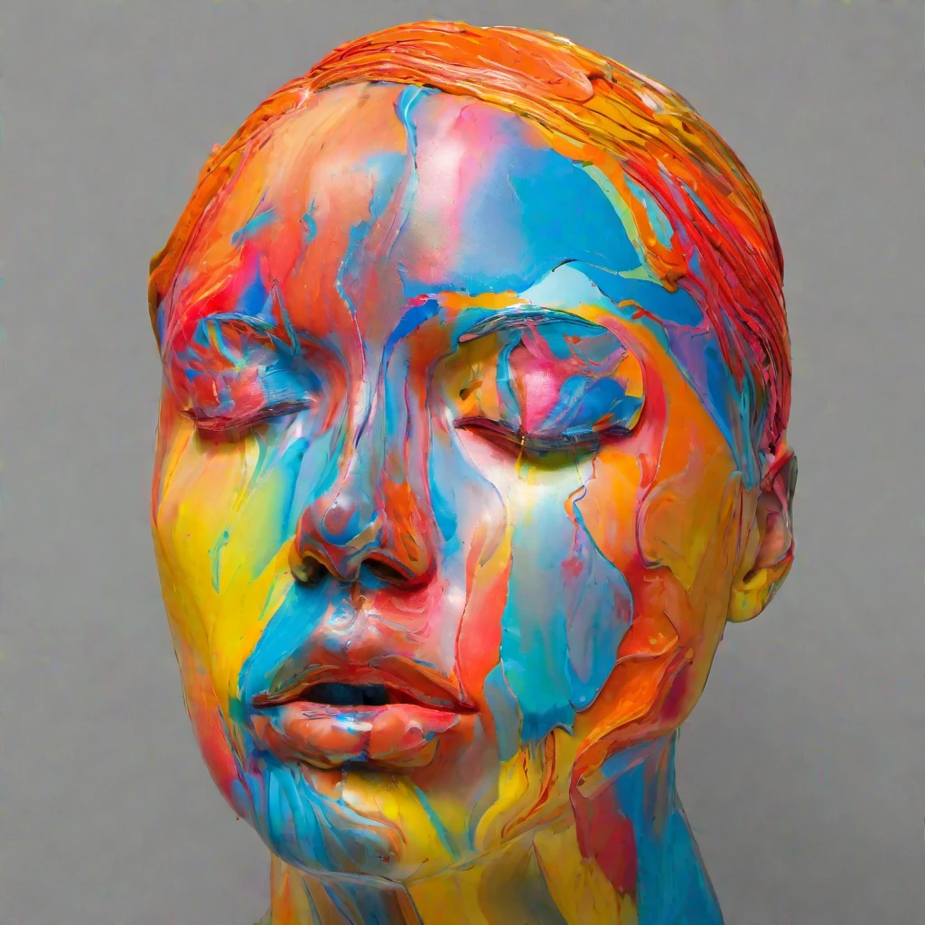 Sculpture of Portrait sculpture with rose and butterfly, 
A colorful sculpture of an woman's head with her eyes closed 