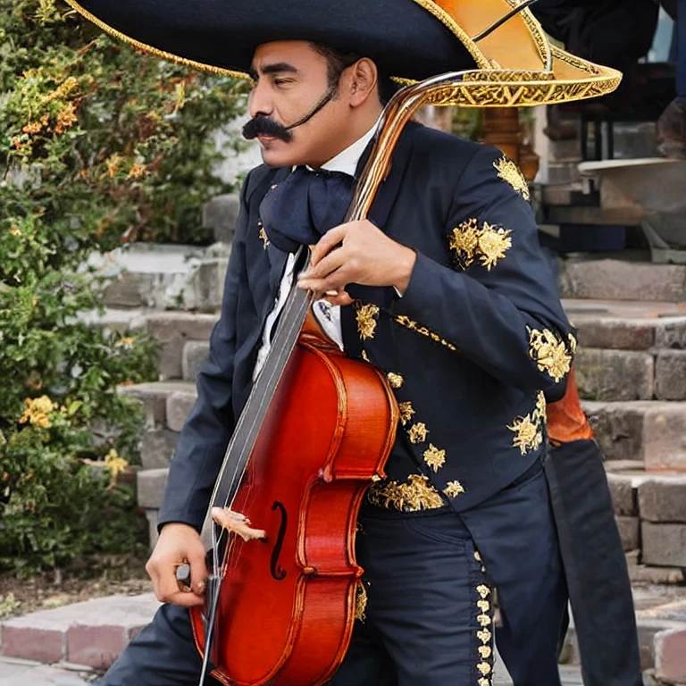 (masterpiece, best quality:1.2), 1 man , solo, man with wide hat, pants with gold embroidery on the sides, jacket with gold embroidery, buttons, mustache, playing a violin