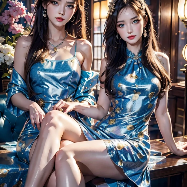 (best quality, 8k, Masterpiece, ultra detailed, hyperrealism), vintage 21 year old pin-up woman, half-closed legs in pantyhose, (salon hair, different styles), beautiful detailed face, small smile, jewelry, (((( printed dress)))), setting: Tokyo center, waterfall.