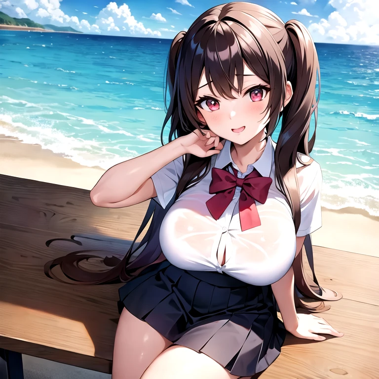 (masterpiece, best quality:1.2), 1girl, solo, yunyun, huge breasts, braid, twintails, white shirt, collared shirt, skirt, school girl