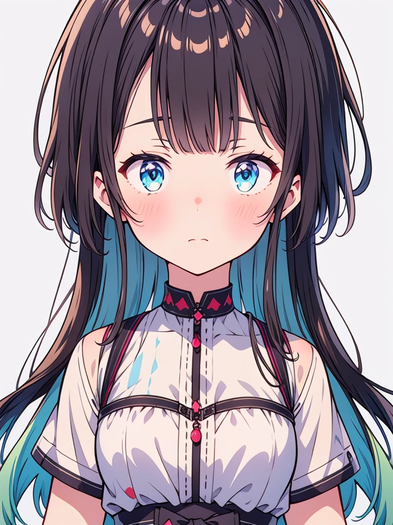 vtuber-halfbody、masterpiece、best quality、best illustrations、Super detailed、Upper body、solo、1 girl、looking at the camera、upright、arm to the side、beautiful detailed eyes、concept art、short bangs、from the front、white background、simple background、milky white long hair、Blue gradient hair、short sleeve、water colored pencils、No expression、blush、Virtual YouTuber、