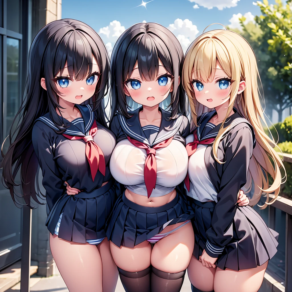 (cute eyes:1.2), (sparkling eyes:1.2),highest quality,wonderful,finely,extremely detailed CG Unity 8K wallpaper, (Stand in line:1.2), (3 girls, sailor uniform, clothed), (huge breasts), (open mouth:1.1), (long tongue:1.1), (mouth drool:1.1), (black stockings:1.1),(Thighs:1.1),(Waistline:1.1),(Waistline:1.1),(striped panties:1.1),(shirt lift:1.2), (midriff peek:1.1),(from bellow:1.2)