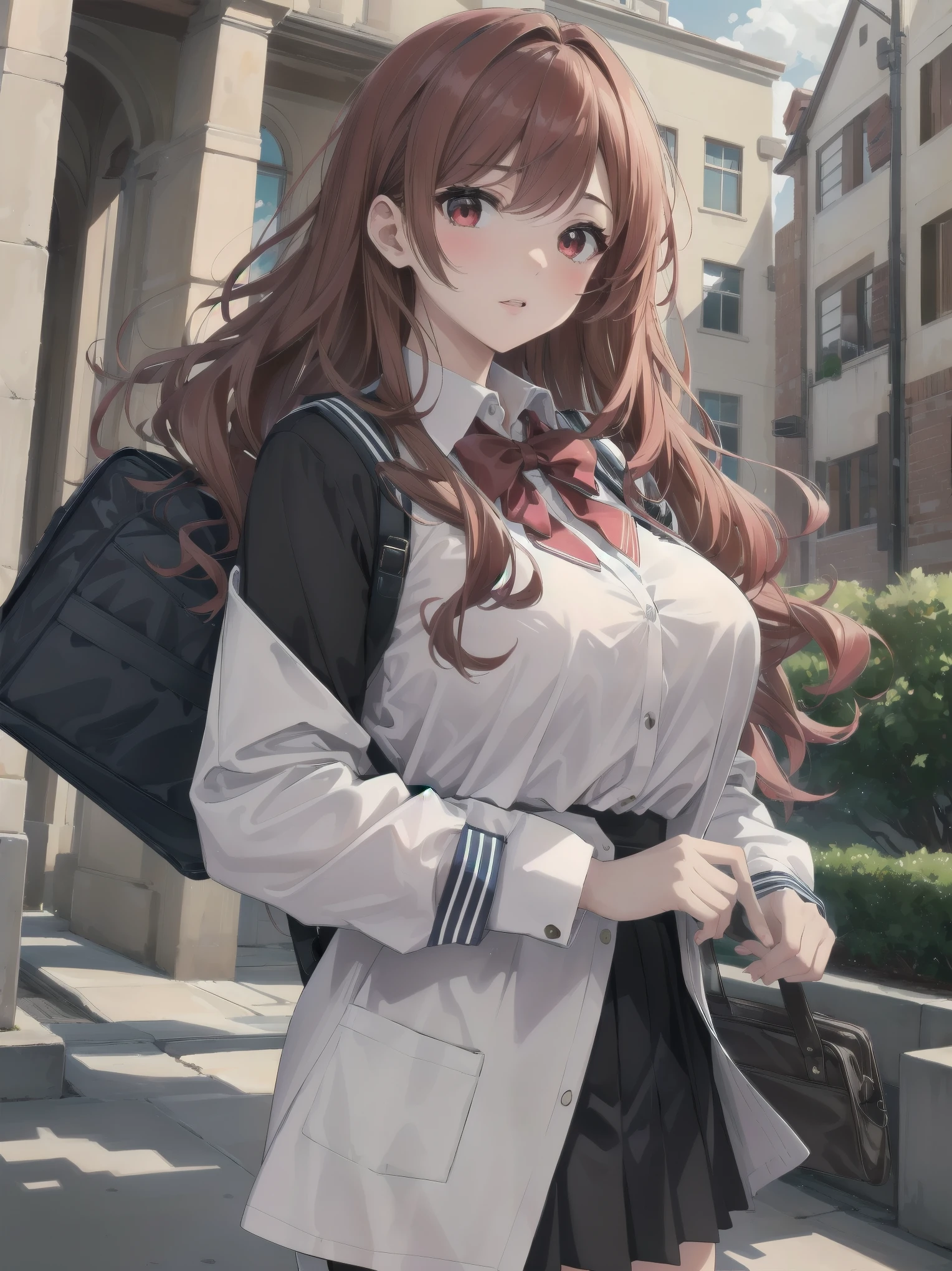 Masterpiece, top quality, super detailed, 16k,
One girl, spring, high school, warm colors, school bag, accurate and highly detailed background, flock of schoolgirls in uniforms of various body shapes and hairstyles, cute.
Blake.

A beautiful girl with wavy crimson hair. she is very well developed, Beautiful girl with wavy red hair. Suspended eyes, red eyes, good looks, big tits
