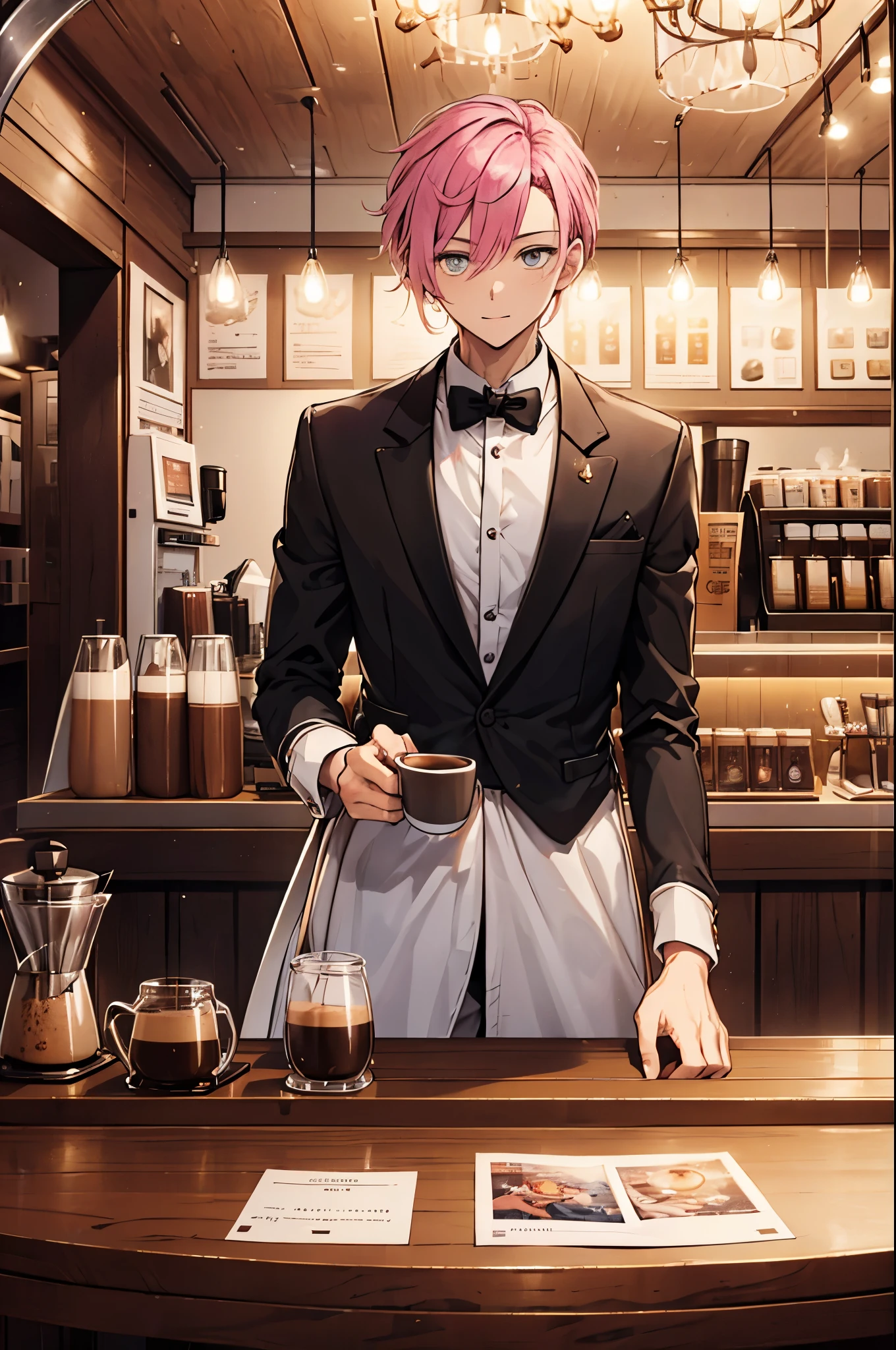 (Best quality, A high resolution, Textured skin, High quality, High details, Extremely detailed CG unity), (male), handsome male, short hair, buzz cut hair, grey eyes, pink hair, tuxedo, Enchanted,having fun, barista in fantasy world, exquisite costumes,solo person, day, Dazzle, male, handsome, (coffee shop), (in coffee shop), more details, detailed art studio scene, art studio detailed, (holding coffee:1), coffee materials, coffee tools, espresso machine, coffee beans, latte drinks, coffee drinks everywhere, distinguished coffee shop