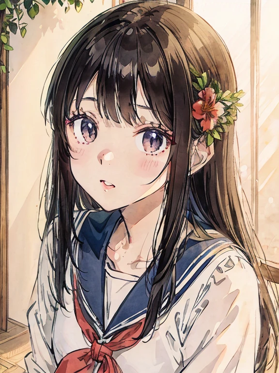 Photo studio、Sailor suit、Face close-up、flower、flowerで口元を隠す少女、Soft lighting、highest quality、flowerを手に持って口元を覆う、plant、wood々Sunlight shining through、手にflowerを持つ、Black Hair、Sit on a chair