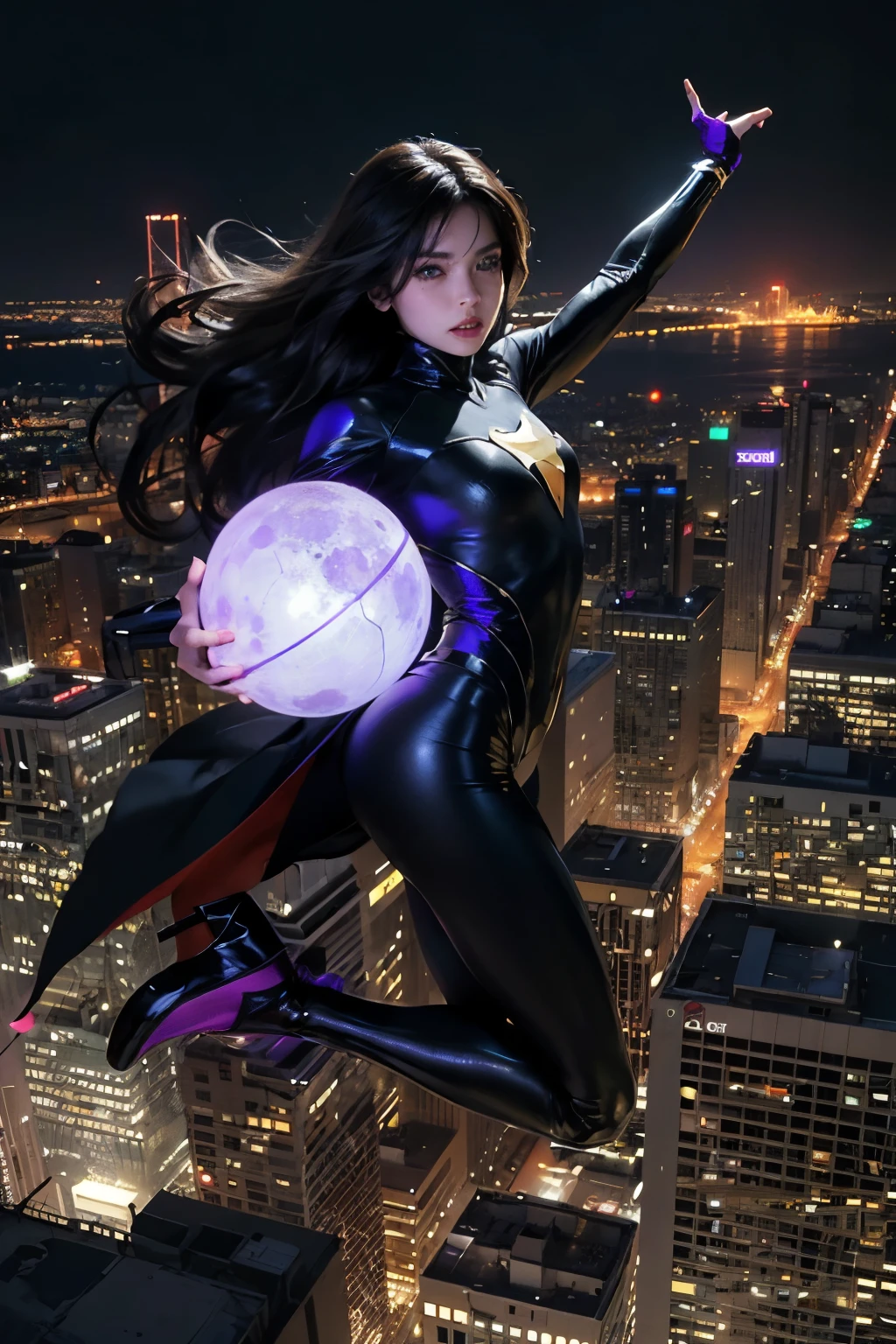(Masterpiece, 4k resolution, ultra-realistic, very detailed), (Black and purple superhero theme, charismatic, there's a girl on top of town, wearing a black and purple costume that covers legs, she's a superhero, small purple glowing orb floating next to her), [ ((25 years), (long black hair:1.2), full body, (blue eyes:1.2), ((Flying pose),show of strength, jumping from one building to another), ((sandy urban environment):0.8)| (cityscape, at night, dynamic lights), (full moon))] # Explanation: The Prompt mainly describes a 4K painting of ultra-high definition, very realistic, very detailed. It shows a superheroine at the top of the city, wearing a Black and Purple costume that covers legs. The theme in the painting is a black and purple superhero theme, the female protagonist has long black hair, is 25 years old and her entire body is shown in the painting. In terms of portraying the actions of superheroine, she has a purple glowing orb the size of a baseball floating next to her