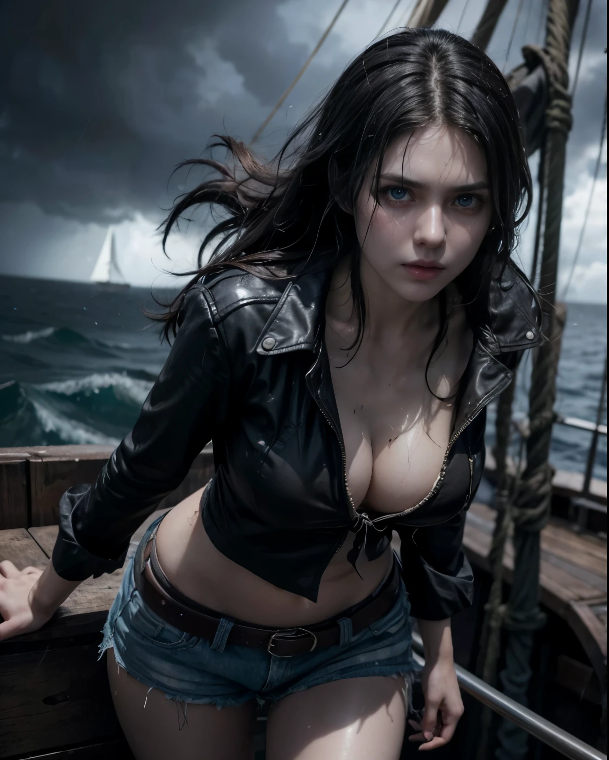 A beautiful Girl from the front, She is facing the viewer, long black hair, light blue eyes, short black blouse without bra, night, rain at night on the high seas, pirate ship, slim, Real textured skin, realistic textured clothes, Nico Roben character in an ultra realistic version, she has a slim and slender body, she's got really big black hair flying in the wind, her skin is wet from the storm, her clothes are wet, her hair is wet, tall girl with big and heavy breasts, round breasts in a short black t-shirt, very thin waist and dry belly, thin and long legs, short shorts with several belts, perfect features of the character :Nico Boben from the anime: ONE PIECE. She's on a pirate ship on the high seas in the middle of a storm, sci-fi-style cinematic effect. 