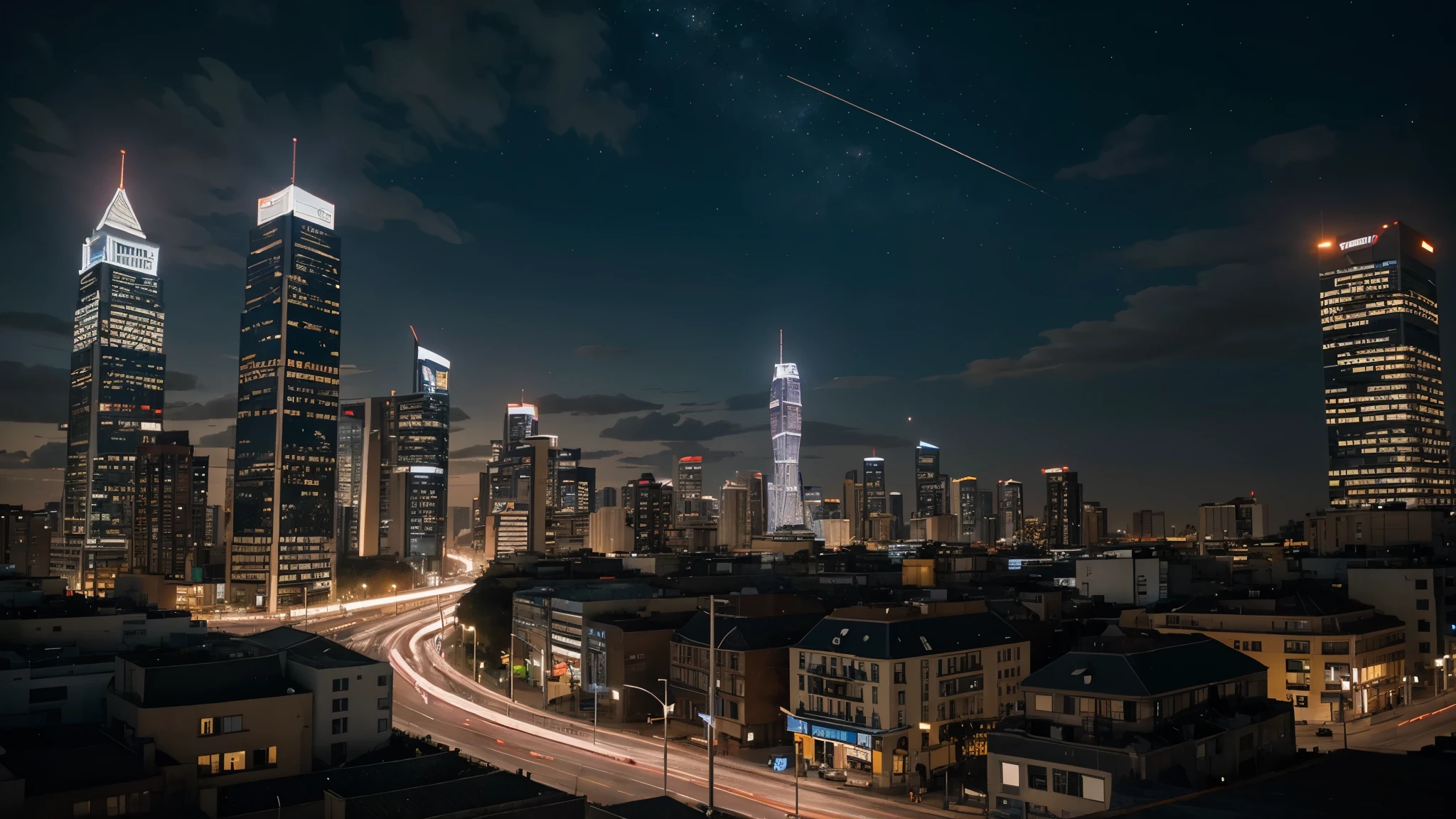 Descreva uma cena noturna em uma cidade futurista, where towering skyscrapers rise against a starry sky. Na rua abaixo, a diverse crowd moves between the buildings, while flying vehicles glide smoothly through the air. Highlight the intersection between old and new, with traditional architectural elements contrasting with advanced technology. Utilize uma paleta de cores vibrantes e neon para iluminar a paisagem urbana, criando um ambiente de alta energia e futurismo. Add fine details to buildings, vehicles and characters to enrich the visual narrative, and employ light and shadow effects to add depth and drama to the scene. Convey the feeling of a decisive moment in the city&#39;s history, where the future is about to unfold before the eyes of spectators., anatomically correct