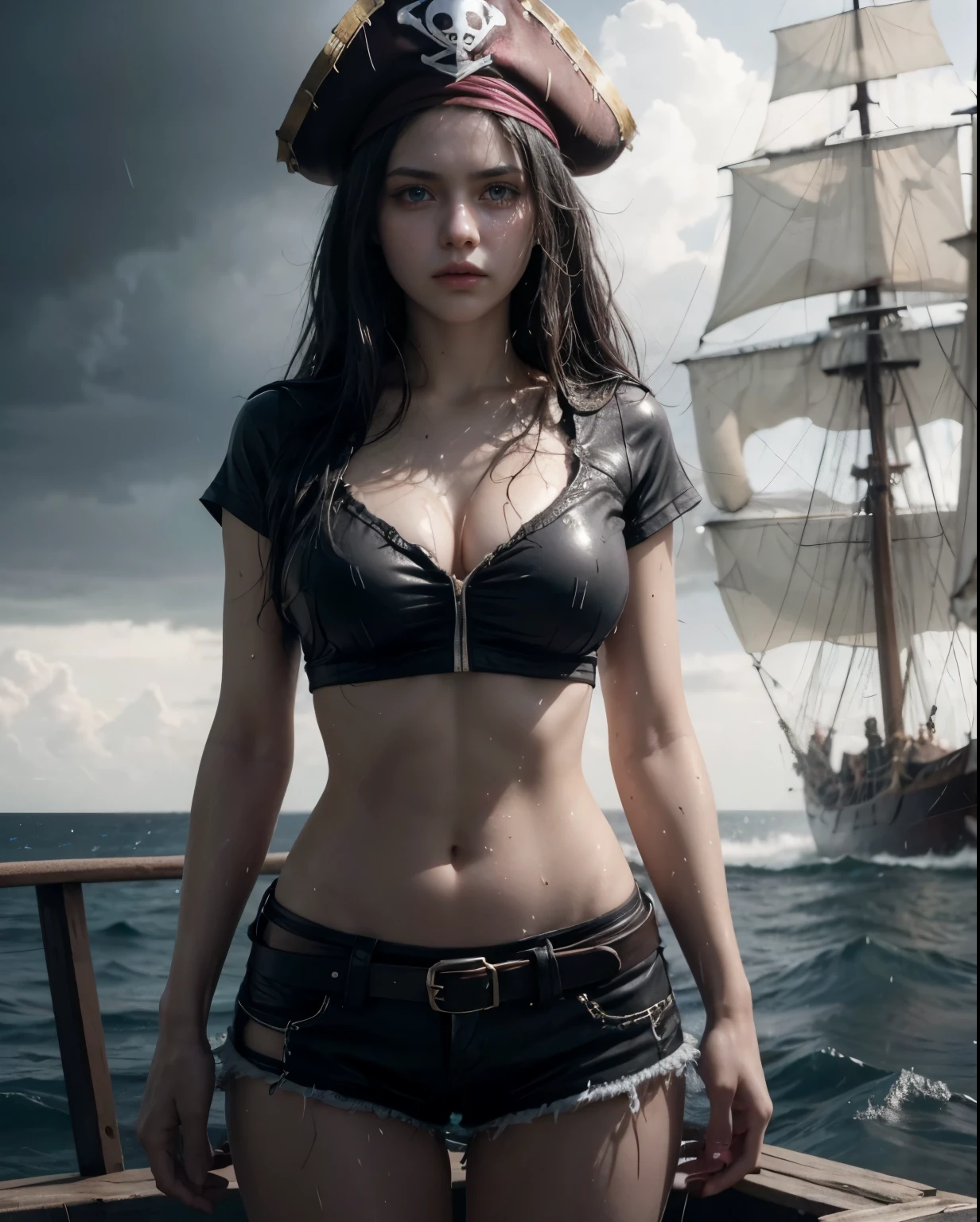 A beautiful Girl from the front, She is facing the viewer, long black hair, light blue eyes, short black blouse without bra, night, rain at night on the high seas, pirate ship, slim, Real textured skin, realistic textured clothes, Nico Roben character in an ultra realistic version, she has a slim and slender body, she's got really big black hair flying in the wind, her skin is wet from the storm, her clothes are wet, her hair is wet, tall girl with big and heavy breasts, round breasts in a short black t-shirt, very thin waist and dry belly, thin and long legs, short shorts with several belts, perfect features of the character :Nico Boben from the anime: ONE PIECE. She's on a pirate ship on the high seas in the middle of a storm, sci-fi-style cinematic effect.