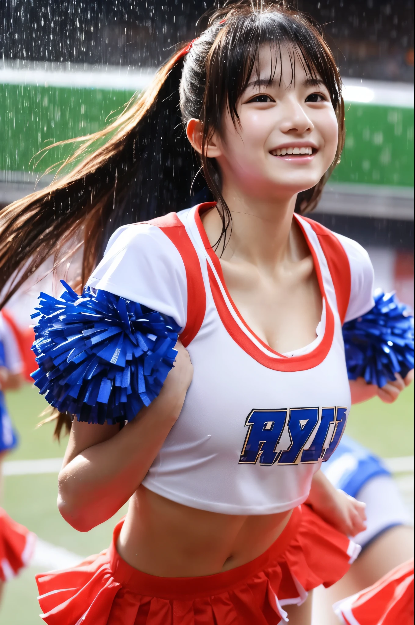 The heavy rain has left my hair, face and clothes soaked.　masterpiece、超High resolution、well done!、彼女 has a very cute face and a young figure like an idol.18 year old Japanese cheerleader、Gentle and cute、A kind smile、She is a member of the cheerleading club、Cheerleader uniforms are bikini-type, exposing cleavage clearly.、Sucking rain　soaked　Cheering on a soccer match as a rear leader in the heavy rain　large size bust、whole body、RAW Photos、Genuine、High resolution、Life、No copyright notice