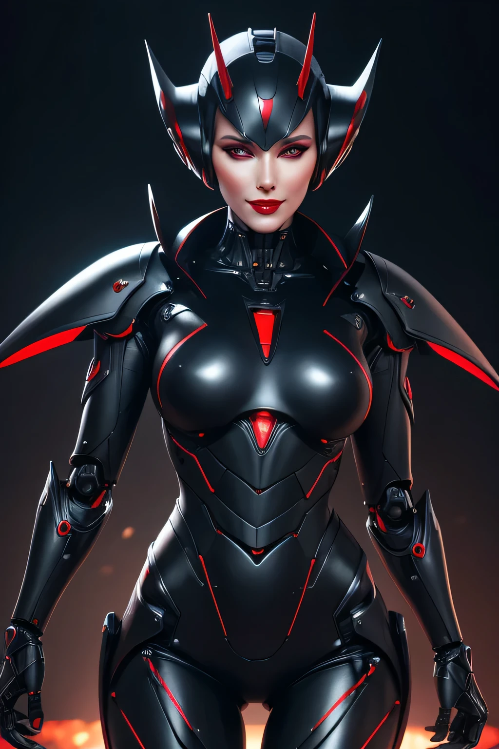 Middle-aged woman transformed into evil spy robot Mechanical body It has an antenna on its head The background is the study, makeup, evil smile, red lips, UHD, retina, masterpiece, ccurate, anatomically correct, textured skin, super detail, high details, high quality, award winning, best quality, highres