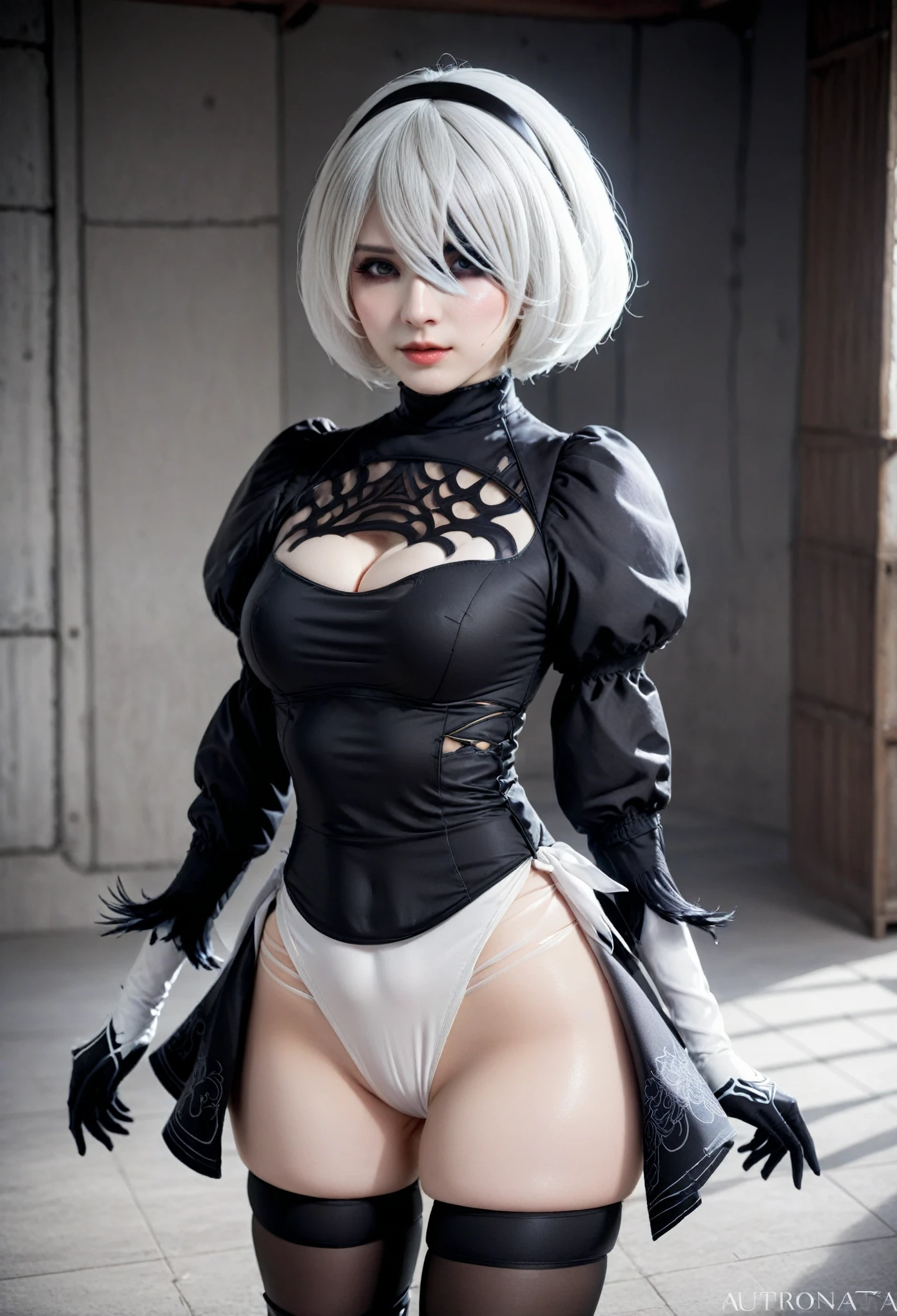 Real Photos、nier:Beautiful cosplay of 2B from Automata、2B、A woman cosplaying as 2B、White skin、tall、Great style、Big Breasts、Small face、High nose、Sharp Eye、Beautiful Face、Beautiful face、30 years old、British women、Half British、nier:2B&#39;s black costume from Automata、Stylish background、Light background、Blur the background、Fantasyな都市を背景に、reach out to your audience、Shooting from a diagonal angle、masterpiece、highest quality、high resolution、Cosplayer Photos、Professional Photoodel、Fantasy、Glaring at the audience、Angry expression、Cosplay makeup style、Real Cosplay Photo、Cool and beautiful photos、Portrait、Wrapped in a pale white glow、good looking