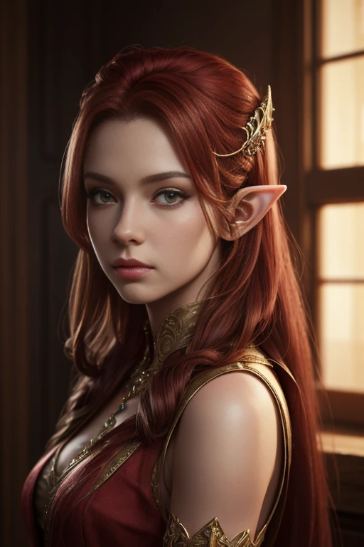 Ancient, noble elf, Celestia, Scarlet hair, rings, female creature, prehistoric era, heiress, Extremely realistic shading, masterpiece, extremely detailed, photorealistic, perfect lighting,
