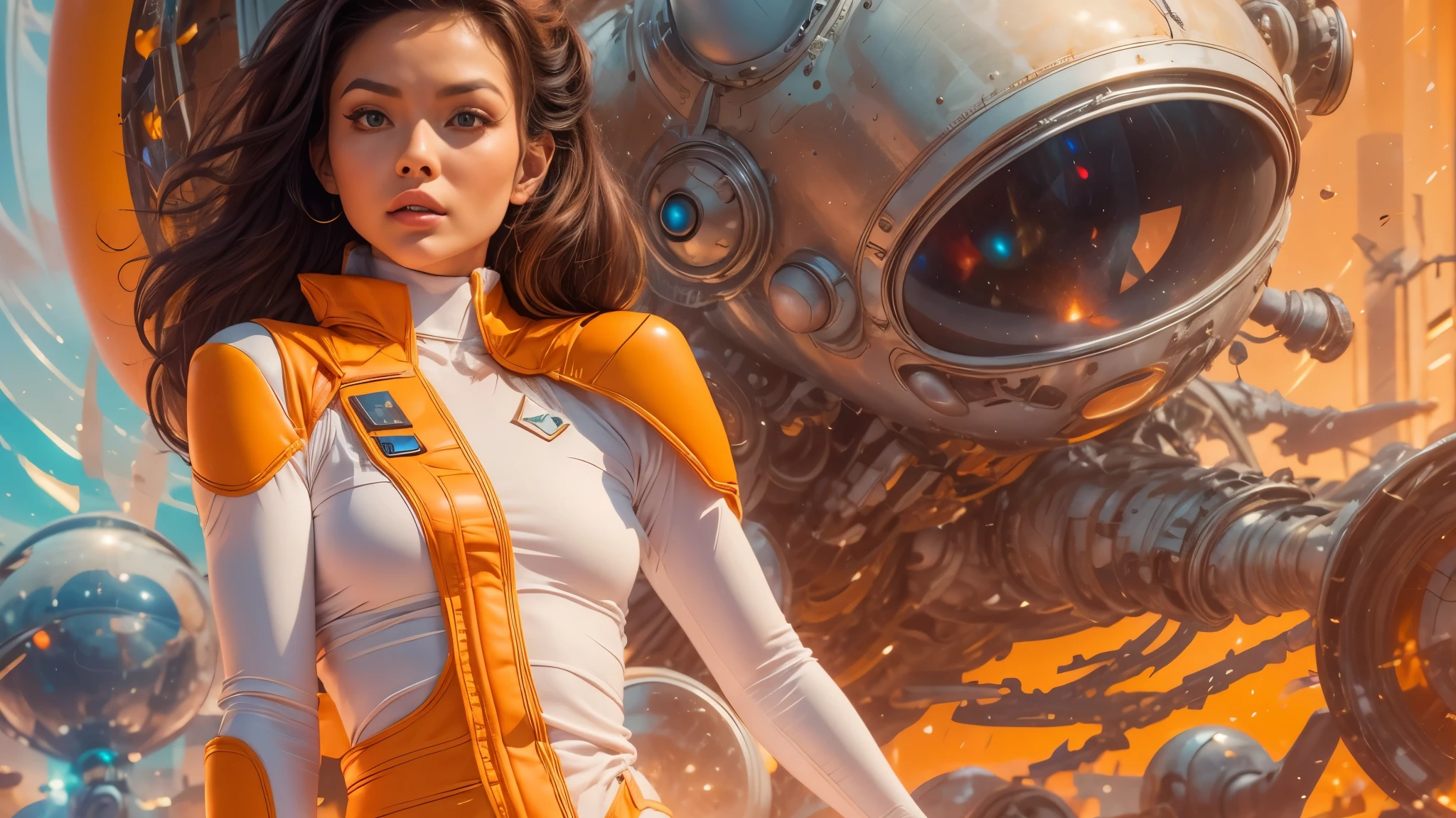 arafed image of a white woman in a futuristic suit with a spaceship in the background, movie art, in front of an orange background, inspired by Robert McGinnis, female protagonist, megastructure in the background, portrait of an ai astronaut, astronauts, an astronaut, portrait of a astronaut skeletor, perfect android girl, detailed eyes, perfectly detailed teeth, frank franzzeta and sakimichan