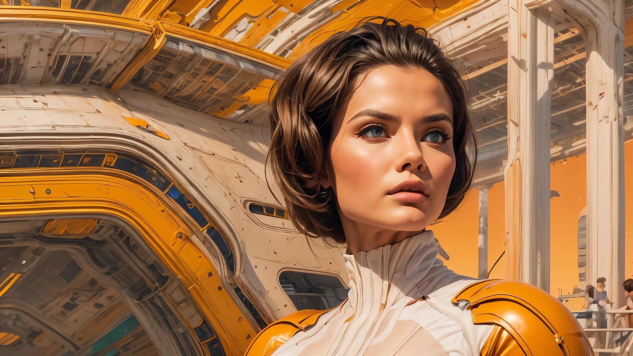 arafed image of a white woman in a futuristic suit with a spaceship in the background, movie art, in front of an orange background, inspired by Robert McGinnis, female protagonist, megastructure in the background, portrait of an ai astronaut, astronauts, an astronaut, portrait of a astronaut skeletor, perfect android girl, detailed eyes, perfectly detailed teeth, frank franzzeta and sakimichan
