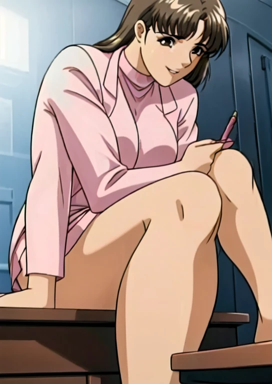 urotsukidoji researchgirl,
(alone:1.4),
One girl,Brown Hair, short hair, Brown Eye, Sexy Body,
(White long lab coat:1.4), (Pink turtleneck:1.4), (gray pencil skirt:1.4), barefoot, Bare thighs, (Parted bangs:1.4),
Relaxed facial expression, smile, Lips parted, Sitting, View your viewers,(Feet together:1.3),Indoor Computer, (night:1.4)
Portraiture,(prospect:1.4), (Half Body Shot:1.2)
(masterpiece:1.4), (highest quality:1.4),
Professional artwork, Intricate details, Vibrant colors, Diffuse lighting, Digital Blending, Super-detailed body, Ultra detailed hair, Ultra detailed face,
