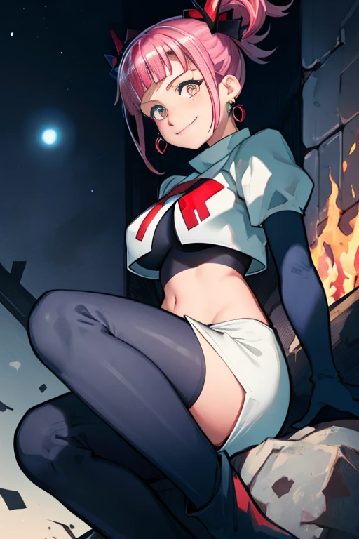 Hortensia, Hortensia \(Fire Emblem\), Hortensia \(Fire Emblem: Engage\), pink hair, Team rocket, team rocket uniform, red letter R, white skirt,white crop top,black thigh-high boots, black elbow gloves, evil smile, night sky background, earrings, large breasts, high-heeled boots