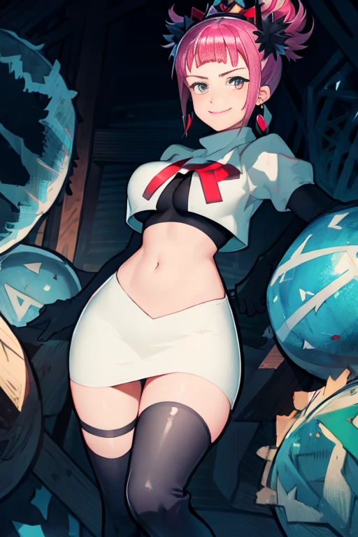 Hortensia, Hortensia \(Fire Emblem\), Hortensia \(Fire Emblem: Engage\), pink hair, Team rocket, team rocket uniform, red letter R, white skirt,white crop top,black thigh-high boots, black elbow gloves, evil smile, night sky background, earrings, large breasts, high-heeled boots