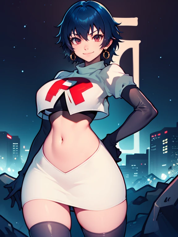 shiroganenaoto, blue hair, Team rocket, team rocket uniform, red letter R, white skirt,white crop top,black thigh-high boots, black elbow gloves, evil smile, night sky background, earrings, large breasts, high-heeled boots