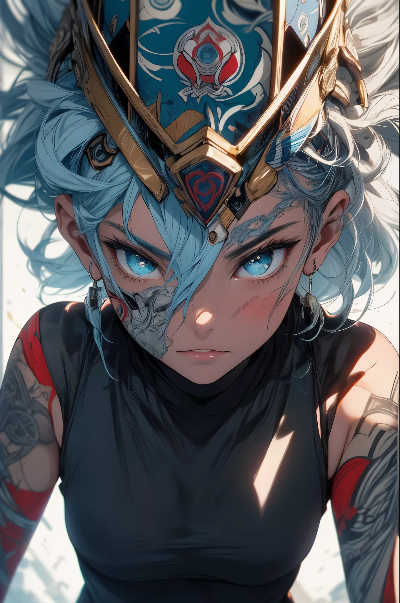 CG K ultrarrealista ,((de primera calidad、8k、32K、Obra maestra、nffsw:1.3)), (superfine illustration)、(super high resolution), (((cuerpo adulto))), (((1 chica en))), ((( bob de pelo corto ))), 25 year old cyberpunk gladiator with perfect body, Hombreras con espinas de metal., Gladiadores in Brooklyn, (( bob de pelo corto )), Camiseta del equipo de rugby rota, Casi desnudo al estilo urbano salvaje de Simon Bisley, pelo rubio corto, ropa minima, Metallic protection on the left arm with complex graphics.., Rojo oscuro con estrellas blancas y rayas azules y blancas., armadura, Lleno de puntas y remaches., Tatuaje de veneno (((Imagen desde la rodilla hacia arriba))), pelo rubio blanco corto, En el fondo、 There is a wall with an intricate design painted by Shepard Fairey..