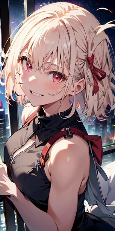 An absurd solution、High resolution、(masterpiece:1.4)、Ultra-detailed、1 girl、From above、Cosmos、plankton、Platinum Blonde,Medium Hair,Red eyes、Laughter、smile