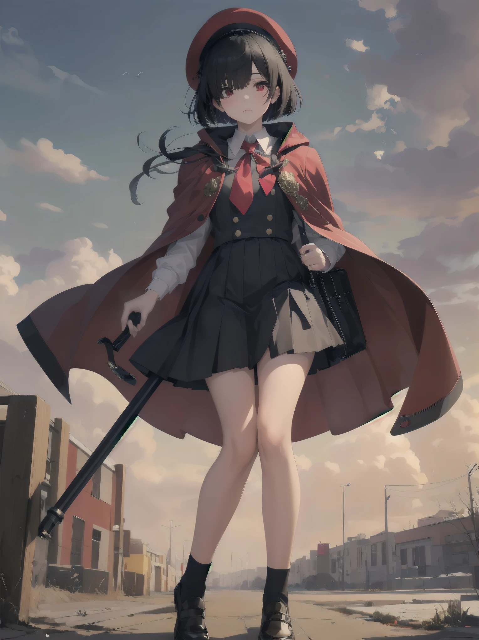 Masterpiece, top quality, super detailed, 16k,
One girl, spring, high school, warm colors, school bag, accurate and highly detailed background, flock of schoolgirls in uniforms of various body shapes and hairstyles, cute.
Blake.
Black hair with a short bob cut with bangs, big red eyes, black cloak, red miniskirt, black pointy hat, and wizard-like outfit.
Robe, cane, eyepatch over left eye,