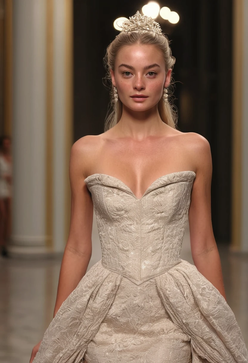 Supermodel, Brazilian, tanned, brown eyes, full body shot, long dark blonde hair, walking on catwalk, beautiful , natural beauty, no makeup, model, 4K, realistic, natural, textured skin, freckles on nose, wearing full haute couture gown. Marie Antoinette style
