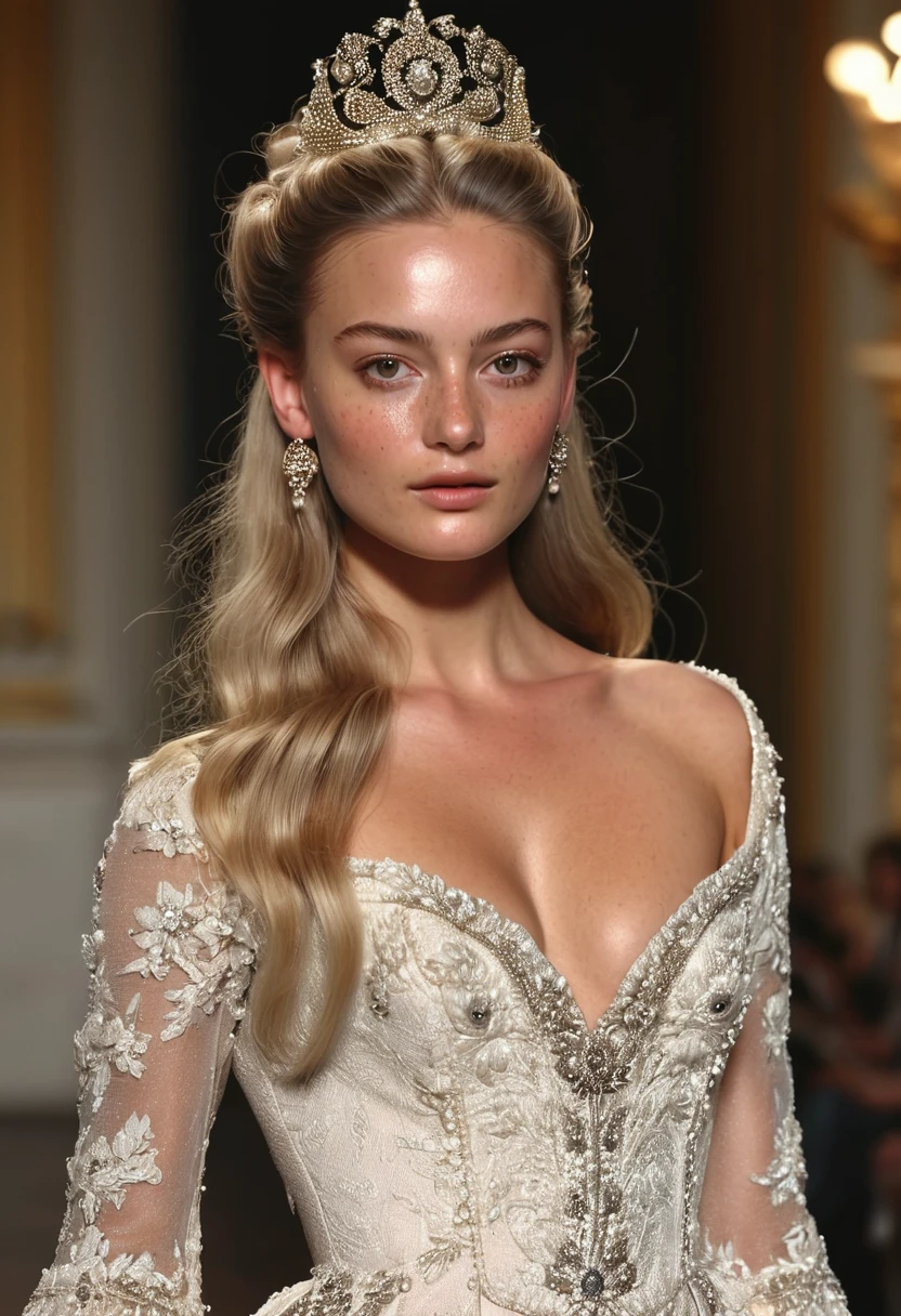 Supermodel, Brazilian, tanned, brown eyes, full body shot, long dark blonde hair, walking on catwalk, beautiful , natural beauty, no makeup, model, 4K, realistic, natural, textured skin, freckles on nose, wearing full haute couture gown. Marie Antoinette style