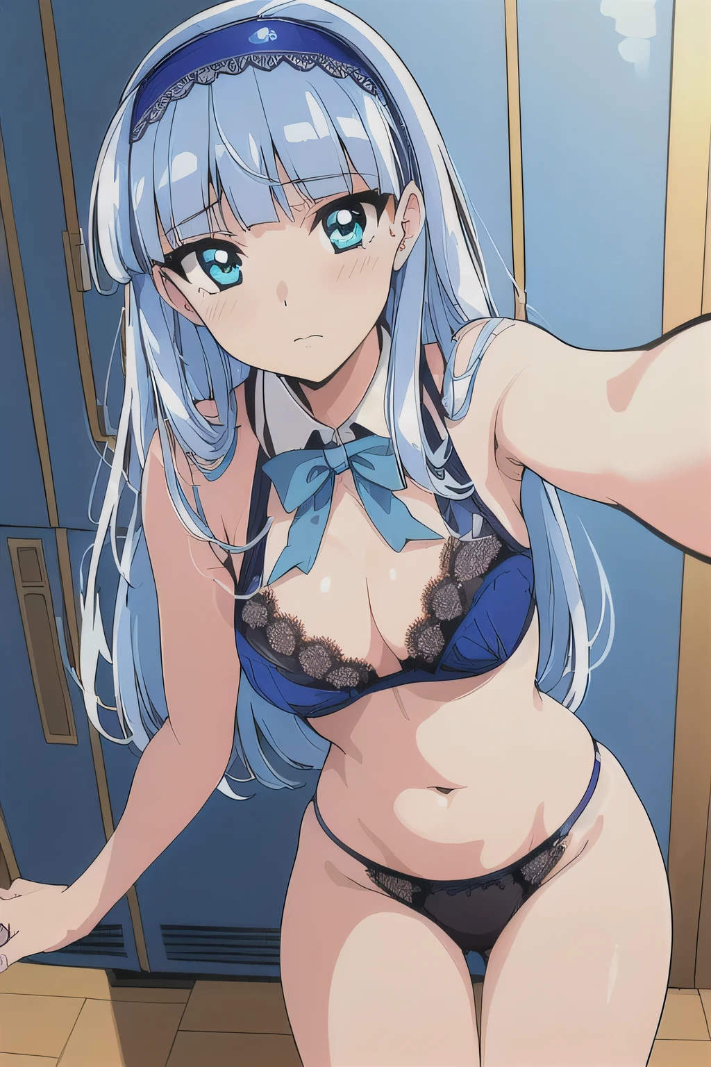 best quality, (masterpiece:1.2), highly detailed,
indoors, bedroom, 
 izumi sagiri,
1girl, solo, from front, looking at the viewer, closed mouth, blush, slight smile,
grey hair, long hair, multicolored hair, blue eyes,
bikini, arms up, armpits, flat chest