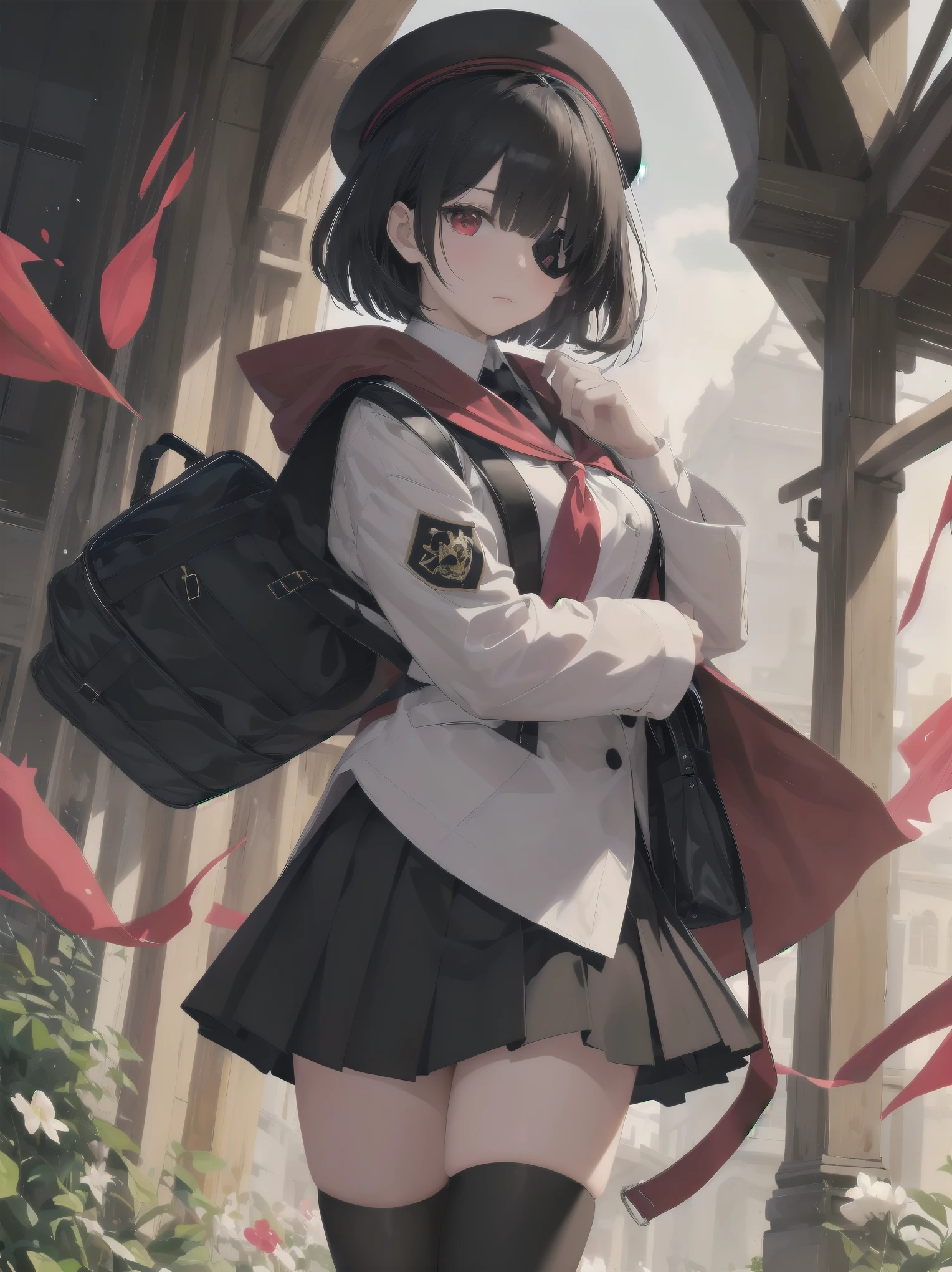 Masterpiece, top quality, super detailed, 16k,
One girl, spring, high school, warm colors, school bag, accurate and highly detailed background, flock of schoolgirls in uniforms of various body shapes and hairstyles, cute.
Blake.
Black hair with a short bob cut with bangs, big red eyes, black cloak, red miniskirt, black pointy hat, and wizard-like outfit.
Robe, cane, eyepatch over left eye,