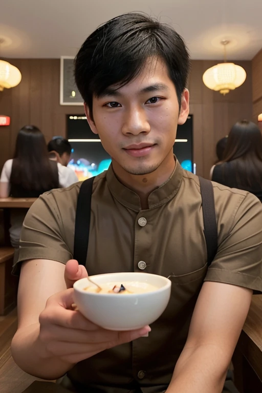 Asian, boy beautiful, selfie restaurant