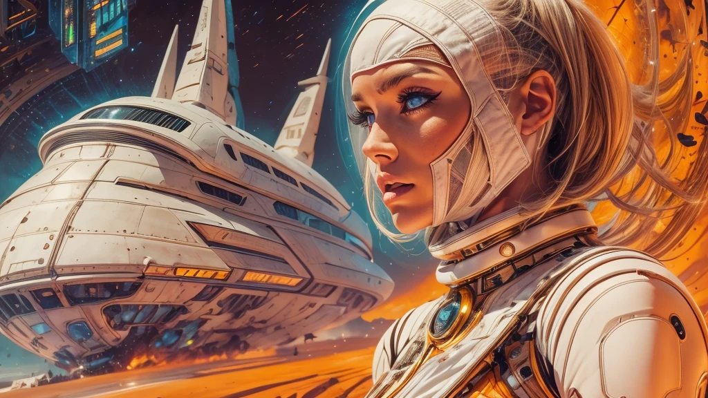 arafed image of a white woman in a futuristic suit with a spaceship in the background, movie art, in front of an orange background, inspired by Robert McGinnis, female protagonist, megastructure in the background, portrait of an ai astronaut, astronauts, an astronaut, portrait of a astronaut skeletor, perfect android girl, detailed eyes, perfectly detailed teeth, frank franzzeta and sakimichan  