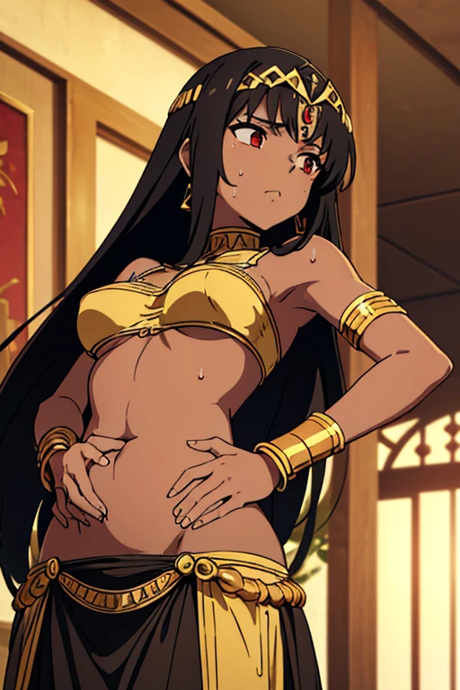 (best quality, masterpiece), brown skinned anime Cleopatra wearing a triangle top and long skirt, famished in hunger, (gently resting hands on stomach), (sweating), (long black hair), (hands on stomach), (pressing stomach with her fingers)