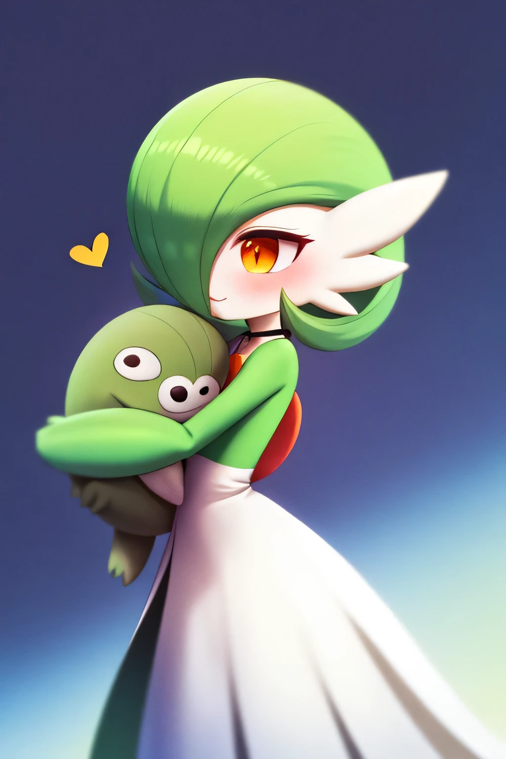 masterpiece, Best quality, 1 girl, solo, gardevoir, white dress, creatures \(company\), freak game, Nintendo, pokemon, pokemon \(game\), Beats, colored skin, female focus, flat chest, Pokémon generation 3, dark blue hair, gradient hair, dark blue skin, hair over one eye, multi-colored skin, pokemon \(creature\), orange eyes, short hair, two-tone skin, white skin, space, there is a cartoon image of a woman hugging a cat, erak note, melting into lilligant, kissing together tenderly, by Shingei, by Josetsu, shiny!!, hugging, do you know about wae?, inspired by Luigi Kasimir, hug, hugging, arm around her neck, very cute, loputyn and matcha, kiss on the mouth, baba
