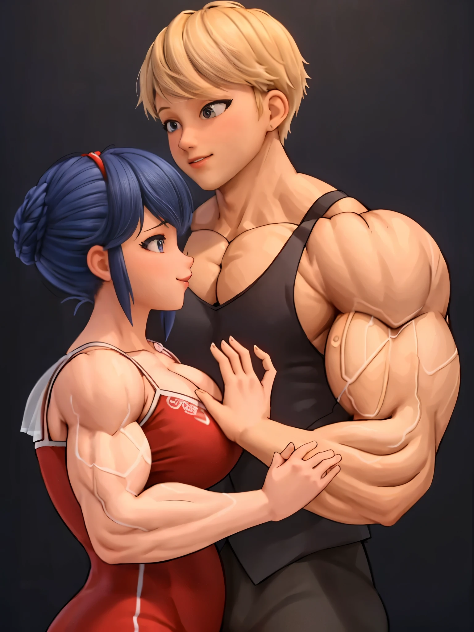 (girl and boy:1), smiling, ((high resolution illustration)), ((extremely detailed)), (couple), Marinette, (Adrian), (best quality,4k,8k,highres,masterpiece:1.2), ultra-detailed, realistic:1.37, HDR, studio lighting, extreme detail description, professional, vibrant colors, bokeh, (muscular female bodybuilder), detailed lips, strong embrace, romantic scene, intimate moment, intense passion, athletic bodies, fitness couple, gym background, muscular definition, sculpted muscles, sweat glistening, powerful kiss, muscular arms, loving couple, bodybuilding lifestyle,blonde hair boy kissing his big muscle girlfriend, skinny blonde boy, big muscle blue hair girl.