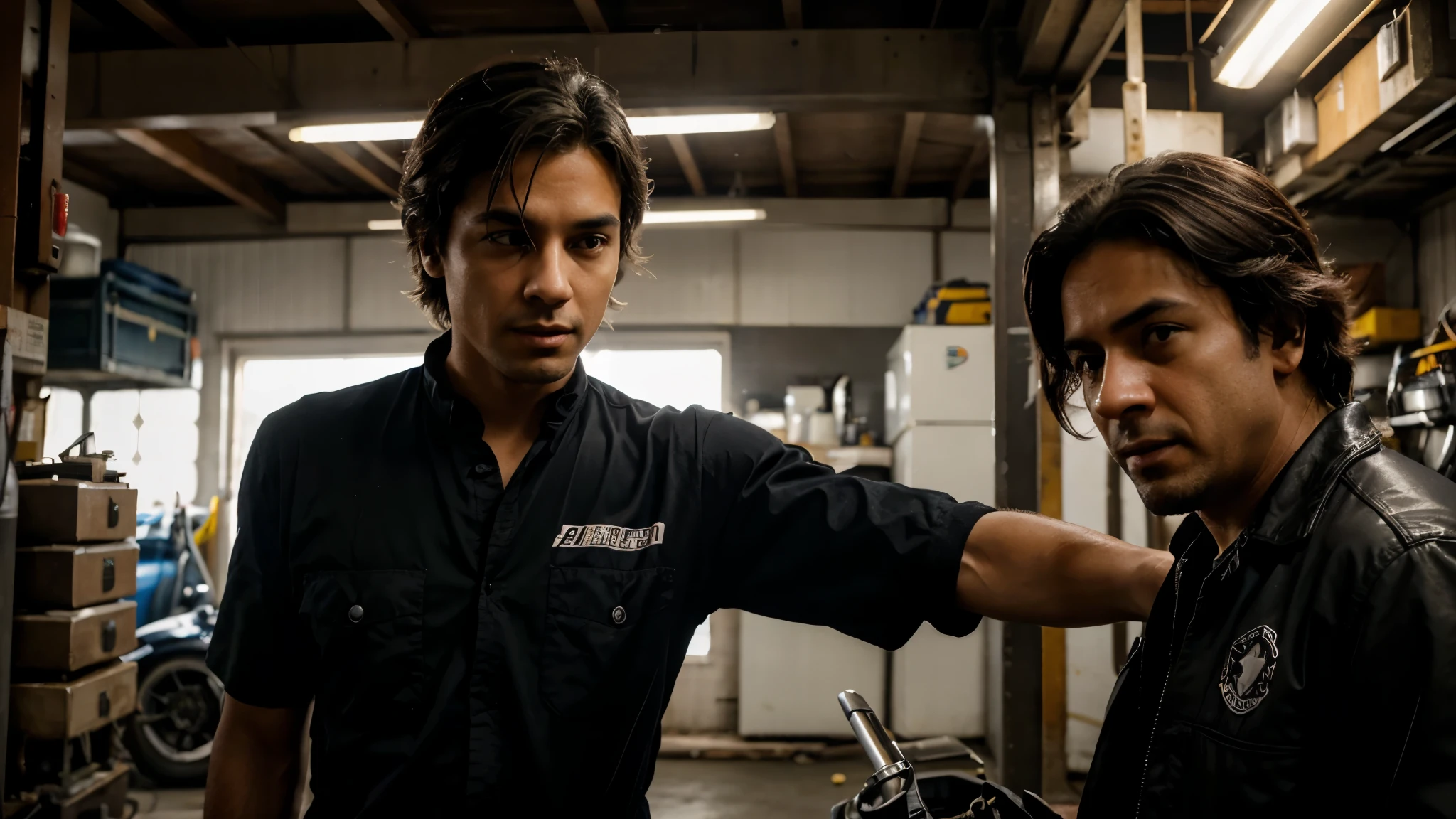 Describe a scene involving a skilled mechanic working on a car inside a well-lit garage, enquanto seus amigos o observam com interesse. Transmita a atmosfera de camaradagem e expertise, com detalhes realistas do ambiente da garagem, Character tools and facial expressions. Capture the moment in cinematic style, com destaque para as nuances de luz e sombra, Adding depth and dynamism to the scene. Remember to include elements that suggest interaction between the mechanic and his friends, whether through dialogue, gestures or body expressions.