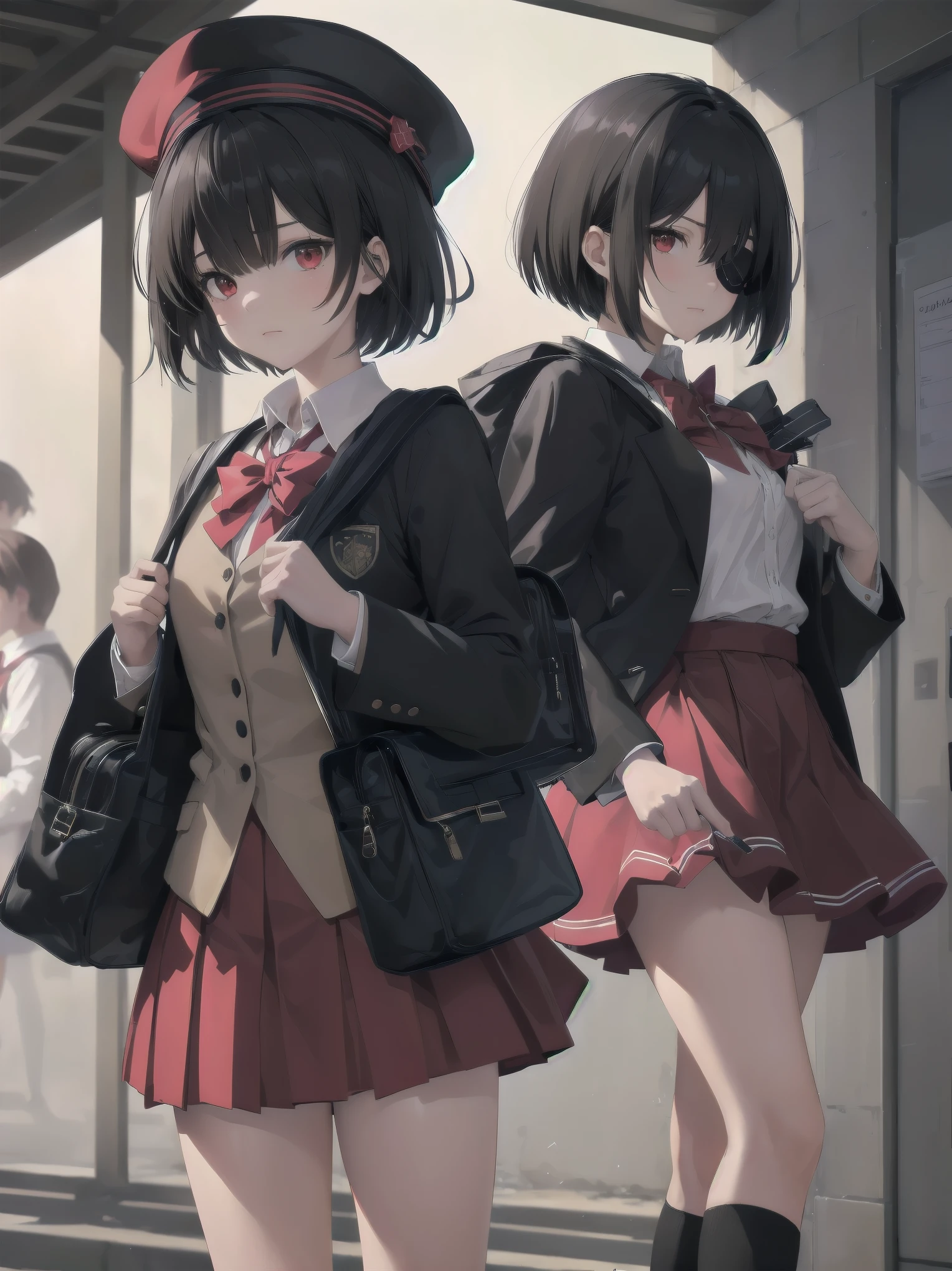 Masterpiece, top quality, super detailed, 16k,
One girl, spring, high school, warm colors, school bag, accurate and highly detailed background, flock of schoolgirls in uniforms of various body shapes and hairstyles, cute.
Blake.
Black hair with a short bob cut with bangs, big red eyes, black cloak, red miniskirt, black pointy hat, and wizard-like outfit.
Robe, cane, eyepatch over left eye,
