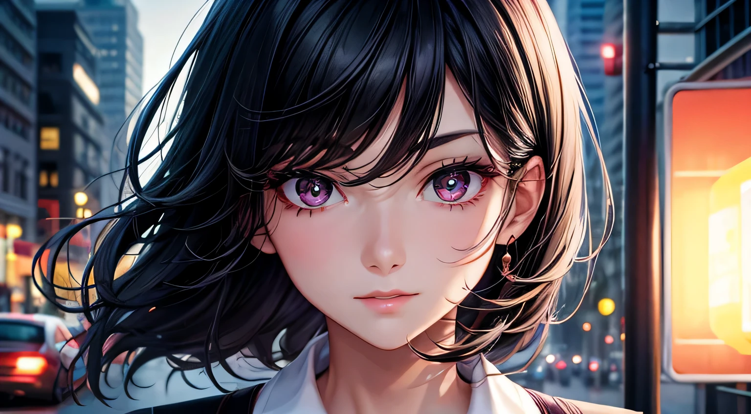 woman Black Hair Berry Short blazer Perfect facial expression Perfect hair description Perfect eye depiction Night Road Street lamp
