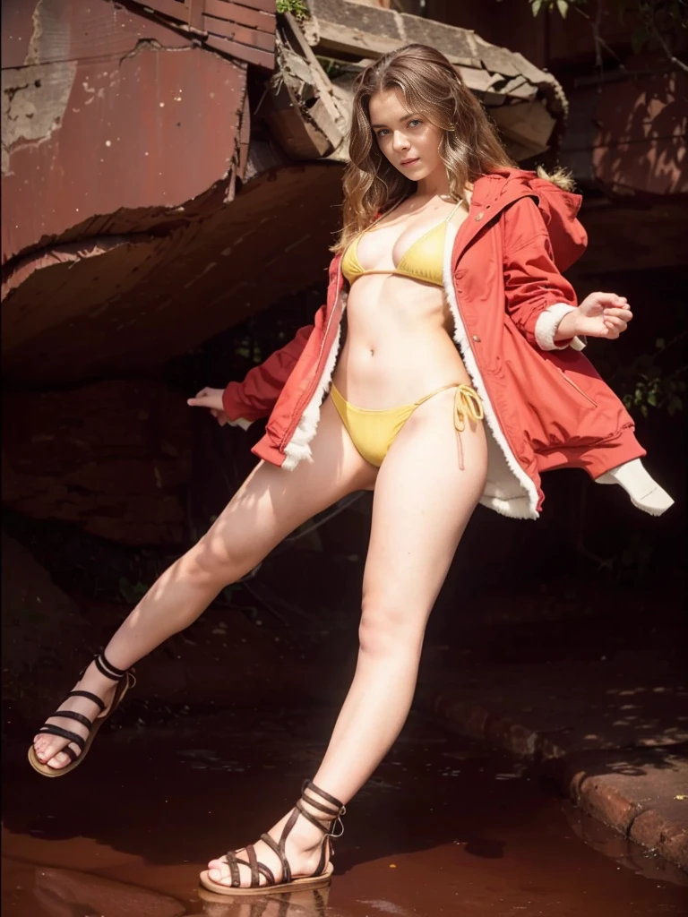 Young girl, yellow bikini and a bold red jacket, Her hair is mid-back length and is a little wavy, it is a medium brown color with slightly darker tips, green eyes, average breast size and fair skin, brown sandals with black soles the straps are dark brown and go over her toes and around her ankles, Hoodie, jacket open in the front, white fluff coming out of the hood, Beautiful breasts, Beautiful feet