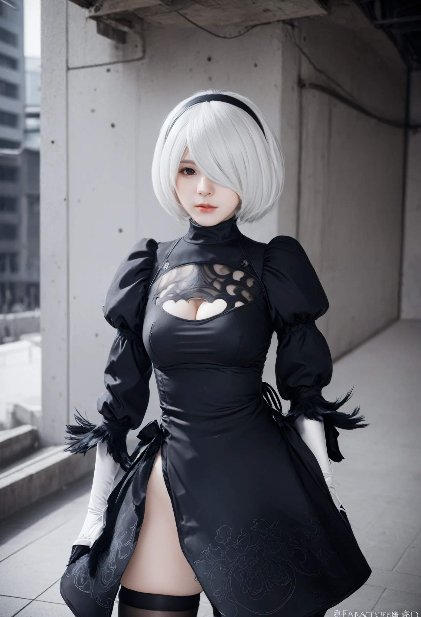 Real Photos、nier:Beautiful cosplay of 2B from Automata、2B、A woman cosplaying as 2B、White skin、tall、Great style、Big Breasts、Small face、High nose、Sharp Eye、Beautiful Face、Beautiful face、30 years old、British women、Half British、nier:2B&#39;s black costume from Automata、Stylish background、Light background、Blur the background、Fantasyな都市を背景に、reach out to your audience、Shooting from a diagonal angle、masterpiece、highest quality、high resolution、Cosplayer Photos、Professional Photoodel、Fantasy、Glaring at the audience、Angry expression、Cosplay makeup style、Real Cosplay Photo、Cool and beautiful photos、Portrait、Wrapped in a pale white glow、good looking